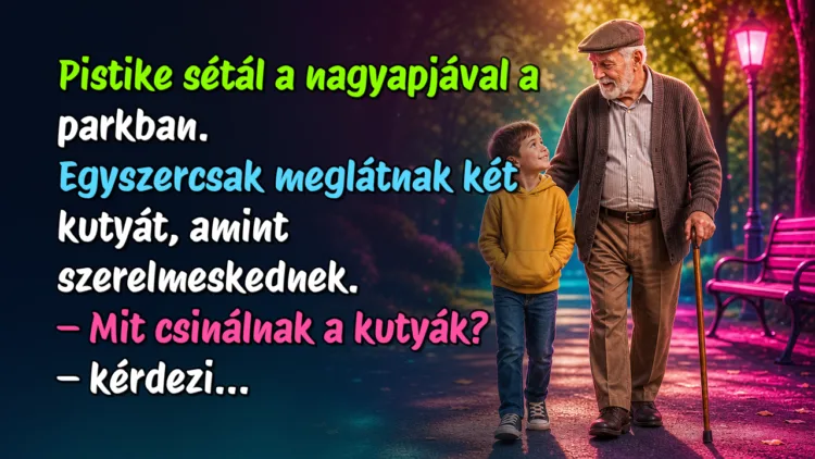 Vicc: Pistike sétál a nagyapjával a parkban... Pistike sétál a nagyapjával a parkban. Egyszercsak meglátnak két kutyát, amint szerelmeskednek. – Mit csinálnak a kutyák? – kérdezi...