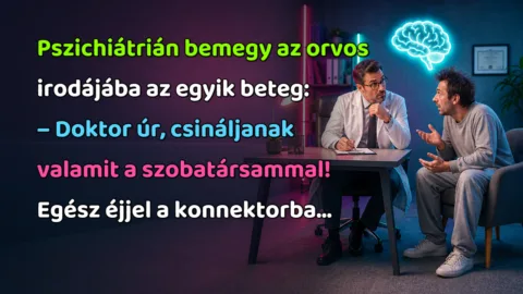 Pszichiátrián bemegy az orvos irodájába az egyik beteg: – Doktor úr, csináljanak valamit a szobatársammal! Egész éjjel a konnektorba...