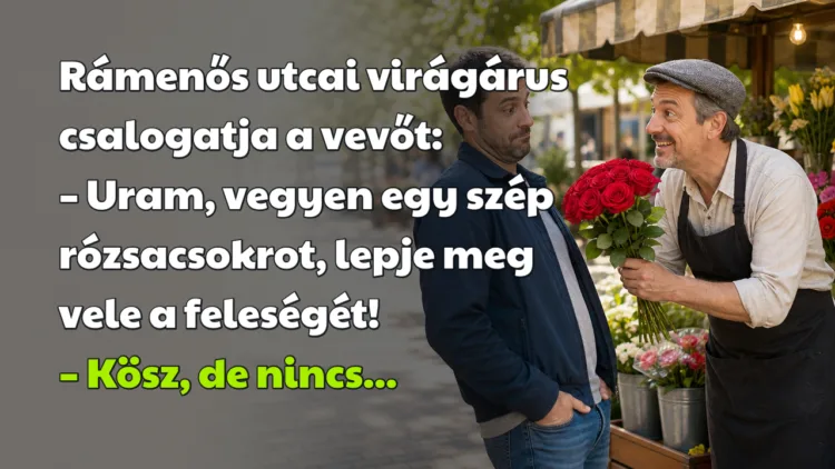 Vicc: Rámenős utcai virágárus csalogatja a vevőt... Rámenős utcai virágárus csalogatja a vevőt: – Uram, vegyen egy szép rózsacsokrot, lepje meg vele a feleségét! – Kösz, de nincs...