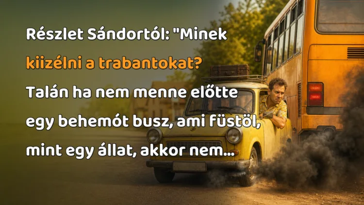 Vicc: Részlet Sándortól... Részlet Sándortól: "Minek kiizélni a trabantokat? Talán ha nem menne előtte egy behemót busz, ami füstöl, mint egy állat, akkor nem...