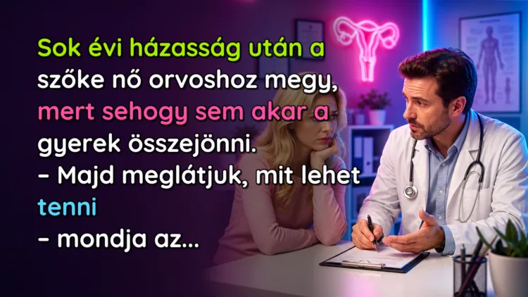 Vicc: Sok évi házasság után a szőke nő orvoshoz megy, mert sehogy sem akar... Sok évi házasság után a szőke nő orvoshoz megy, mert sehogy sem akar a gyerek összejönni. – Majd meglátjuk, mit lehet tenni – mondja az...