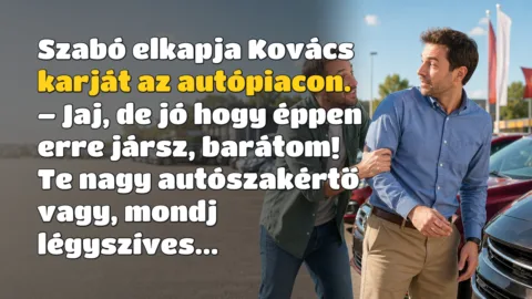 Szabó elkapja Kovács karját az autópiacon. – Jaj, de jó hogy éppen erre jársz, barátom! Te nagy autószakértő vagy, mondj légyszíves...