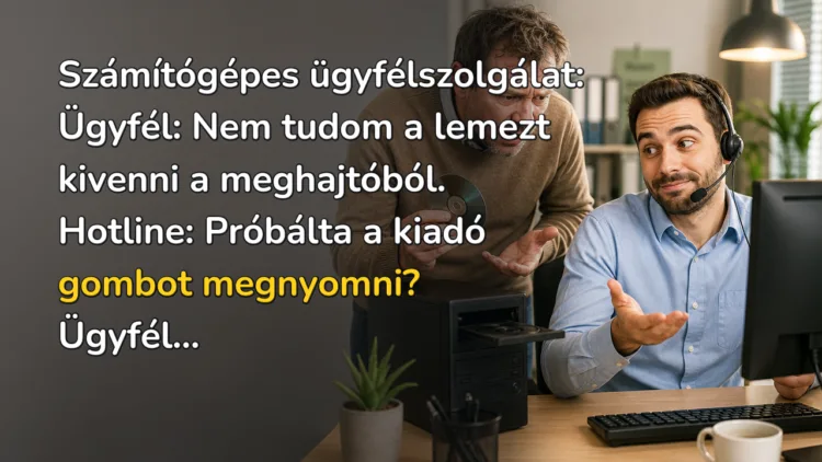Vicc: Számítógépes ügyfélszolgálat... Számítógépes ügyfélszolgálat: Ügyfél: Nem tudom a lemezt kivenni a meghajtóból. Hotline: Próbálta a kiadó gombot megnyomni? Ügyfél...