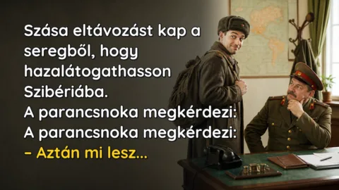 Vicc: Szása eltávozást kap a seregből, hogy hazalátogathasson Szibériába... Szása eltávozást kap a seregből, hogy hazalátogathasson Szibériába. A parancsnoka megkérdezi: A parancsnoka megkérdezi: – Aztán mi lesz...