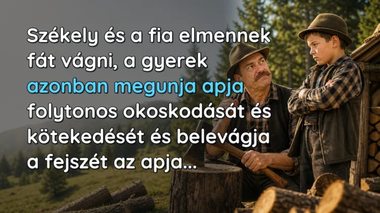 Vicc: Székely és a fia elmennek fát vágni, a gyerek azonban megunja apja... Székely és a fia elmennek fát vágni, a gyerek azonban megunja apja folytonos okoskodását és kötekedését és belevágja a fejszét az apja...
