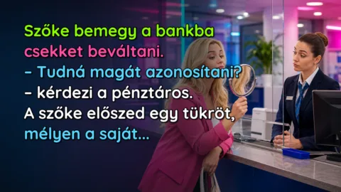 Szőke bemegy a bankba csekket beváltani. – Tudná magát azonosítani? – kérdezi a pénztáros. A szőke előszed egy tükröt, mélyen a saját...