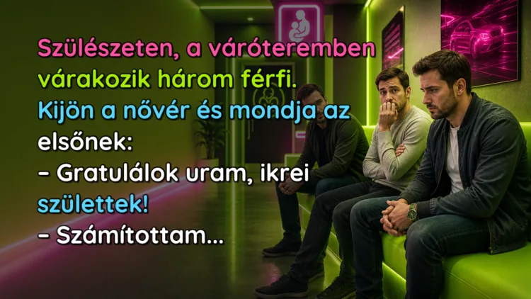 Vicc: Szülészeten, a váróteremben várakozik három férfi. Kijön a nővér... Szülészeten, a váróteremben várakozik három férfi. Kijön a nővér és mondja az elsőnek: – Gratulálok uram, ikrei születtek! – Számítottam...