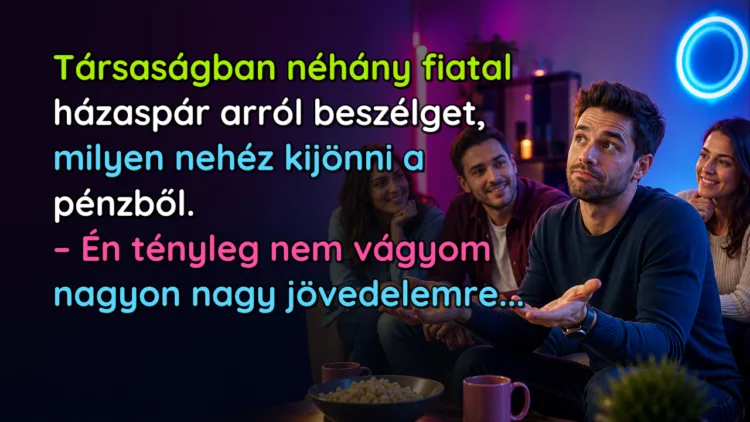 Vicc: Társaságban néhány fiatal házaspár arról beszélget, milyen nehéz... Társaságban néhány fiatal házaspár arról beszélget, milyen nehéz kijönni a pénzből. – Én tényleg nem vágyom nagyon nagy jövedelemre...