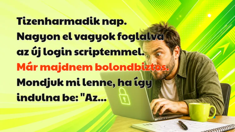 Vicc: Tizenharmadik nap... Tizenharmadik nap. Nagyon el vagyok foglalva az új login scriptemmel. Már majdnem bolondbiztos. Mondjuk mi lenne, ha így indulna be: "Az...