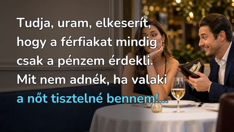 Vicc: Tudja, uram, elkeserít, hogy a férfiakat mindig csak a pénzem érdekli... Tudja, uram, elkeserít, hogy a férfiakat mindig csak a pénzem érdekli. Mit nem adnék, ha valaki a nőt tisztelné bennem!...