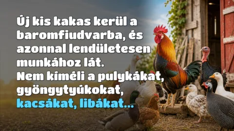 Új kis kakas kerül a baromfiudvarba, és azonnal lendületesen munkához lát. Nem kíméli a pulykákat, gyöngytyúkokat, kacsákat, libákat...