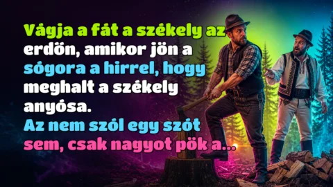 Vágja a fát a székely az erdőn, amikor jön a sógora a hirrel, hogy meghalt a székely anyósa. Az nem szól egy szót sem, csak nagyot pök a...