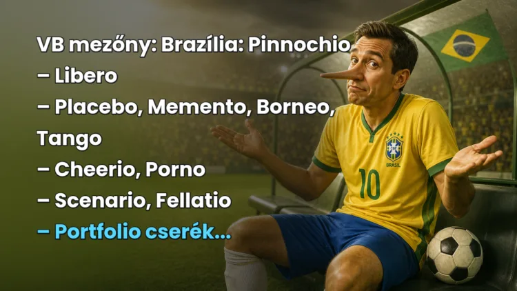 Vicc: VB mezőny... VB mezőny: Brazília: Pinnochio – Libero – Placebo, Memento, Borneo, Tango – Cheerio, Porno – Scenario, Fellatio – Portfolio cserék...