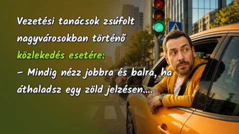 Vezetési tanácsok zsúfolt nagyvárosokban történő közlekedés esetére: – Mindig nézz jobbra és balra, ha áthaladsz egy zöld jelzésen....