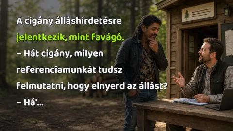 A cigány álláshirdetésre jelentkezik, mint favágó. – Hát cigány, milyen referenciamunkát tudsz felmutatni, hogy elnyerd az állást? – Há'...