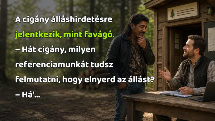 Viccek: A cigány álláshirdetésre jelentkezik, mint favágó... A cigány álláshirdetésre jelentkezik, mint favágó. – Hát cigány, milyen referenciamunkát tudsz felmutatni, hogy elnyerd az állást? – Há'...