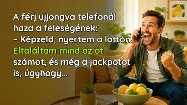 Viccek: A férj ujjongva telefonál haza a feleségének... A férj ujjongva telefonál haza a feleségének: – Képzeld, nyertem a lottón! Eltaláltam mind az öt számot, és még a jackpotot is, úgyhogy...