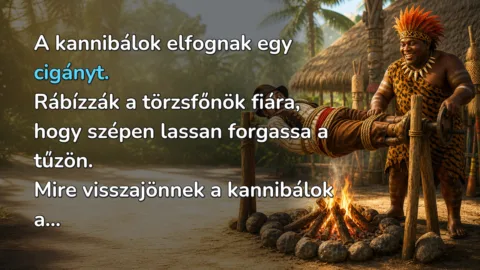 A kannibálok elfognak egy cigányt. Rábízzák a törzsfőnök fiára, hogy szépen lassan forgassa a tűzön. Mire visszajönnek a kannibálok a...