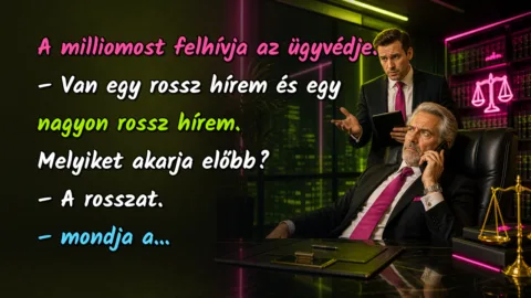 A milliomost felhívja az ügyvédje. – Van egy rossz hírem és egy nagyon rossz hírem. Melyiket akarja előbb? – A rosszat. – mondja a...