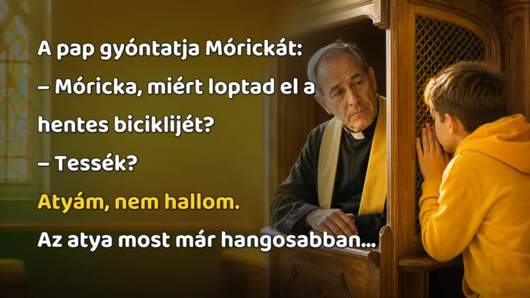 Viccek: A pap gyóntatja Mórickát... A pap gyóntatja Mórickát: – Móricka, miért loptad el a hentes biciklijét? – Tessék? Atyám, nem hallom. Az atya most már hangosabban...