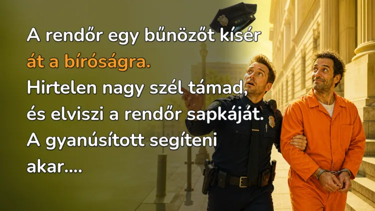 Viccek: A rendőr egy bűnözőt kísér át a bíróságra. Hirtelen nagy szél támad... A rendőr egy bűnözőt kísér át a bíróságra. Hirtelen nagy szél támad, és elviszi a rendőr sapkáját. A gyanúsított segíteni akar....