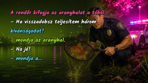 A rendőr kifogja az aranyhalat a tóból. – Ha visszadobsz teljesítem három kívánságodat! – mondja az aranyhal. – Na jó! – mondja a...