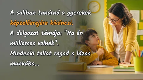 Viccek: A suliban tanárnő a gyerekek képzelőerejére kíváncsi. A dolgozat... A suliban tanárnő a gyerekek képzelőerejére kíváncsi. A dolgozat témája: "Ha én milliomos volnék". Mindenki tollat ragad s lázas munkába...
