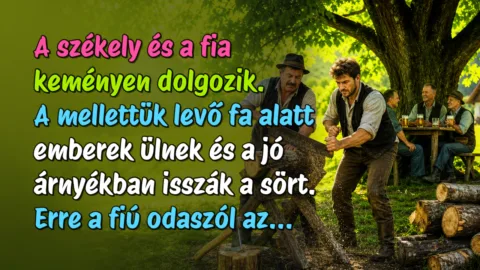 A székely és a fia keményen dolgozik. A mellettük levő fa alatt emberek ülnek és a jó árnyékban isszák a sört. Erre a fiú odaszól az...