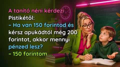 A tanító néni kérdezi Pistikétől: – Ha van 150 forintod és kérsz apukádtól még 200 forintot, akkor mennyi pénzed lesz? – 150 forintom....
