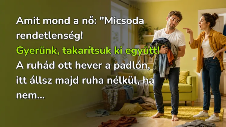 Viccek: Amit mond a nő... Amit mond a nő: "Micsoda rendetlenség! Gyerünk, takarítsuk ki együtt! A ruhád ott hever a padlón, itt állsz majd ruha nélkül, ha nem...