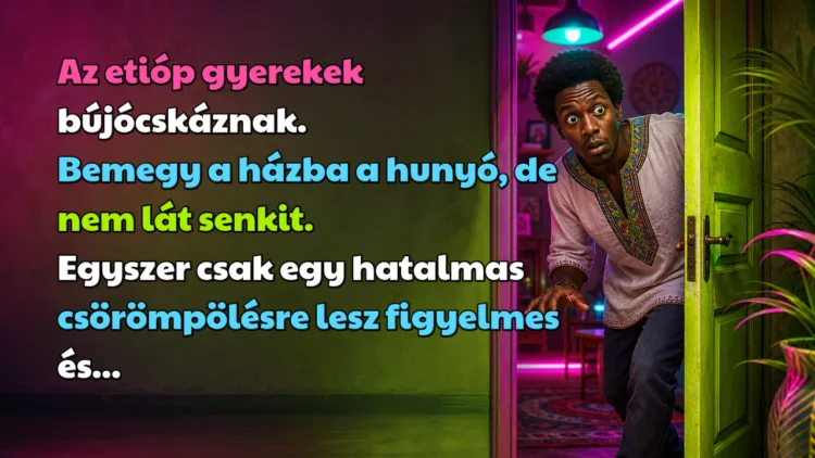 Viccek: Az etióp gyerekek bújócskáznak. Bemegy a házba a hunyó... Az etióp gyerekek bújócskáznak. Bemegy a házba a hunyó, de nem lát senkit. Egyszer csak egy hatalmas csörömpölésre lesz figyelmes és...