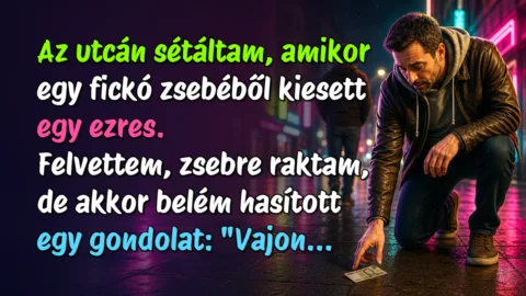 Az utcán sétáltam, amikor egy fickó zsebéből kiesett egy ezres. Felvettem, zsebre raktam, de akkor belém hasított egy gondolat: "Vajon...