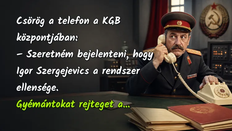 Viccek: Csörög a telefon a KGB központjában... Csörög a telefon a KGB központjában: – Szeretném bejelenteni, hogy Igor Szergejevics a rendszer ellensége. Gyémántokat rejteget a...