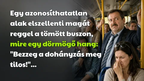 Egy azonosíthatatlan alak elszellenti magát reggel a tömött buszon, mire egy dörmögő hang: "Bezzeg a dohányzás meg tilos!"...