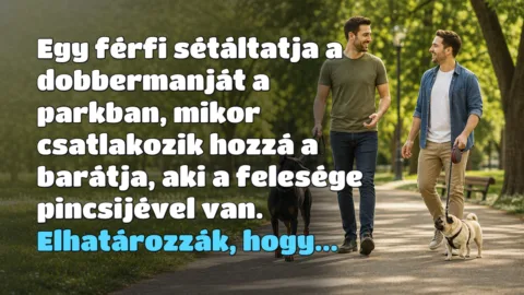 Egy férfi sétáltatja a dobbermanját a parkban, mikor csatlakozik hozzá a barátja, aki a felesége pincsijével van. Elhatározzák, hogy...