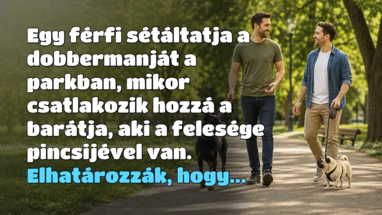 Viccek: Egy férfi sétáltatja a dobbermanját a parkban, mikor csatlakozik... Egy férfi sétáltatja a dobbermanját a parkban, mikor csatlakozik hozzá a barátja, aki a felesége pincsijével van. Elhatározzák, hogy...