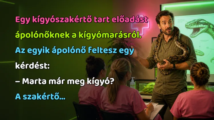 Viccek: Egy kígyószakértő tart előadást ápolónőknek a kígyómarásról... Egy kígyószakértő tart előadást ápolónőknek a kígyómarásról. Az egyik ápolónő feltesz egy kérdést: – Marta már meg kígyó? A szakértő...