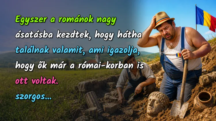 Viccek: Egyszer a románok nagy ásatásba kezdtek, hogy hátha találnak valamit... Egyszer a románok nagy ásatásba kezdtek, hogy hátha találnak valamit, ami igazolja, hogy ők már a római-korban is ott voltak. szorgos...