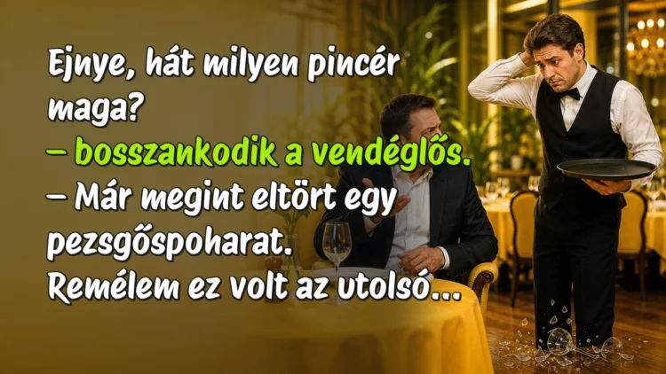 Viccek: Ejnye, hát milyen pincér maga? - bosszankodik a vendéglős... Ejnye, hát milyen pincér maga? – bosszankodik a vendéglős. – Már megint eltört egy pezsgőspoharat. Remélem ez volt az utolsó...