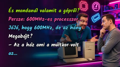 És mondanál valamit a gépről? Persze: 600MHz-es processzor... JóJó, hogy 600MHz, de az hány Megabájt? – Az a ház ami a múltkor volt az...