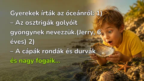 Gyerekek írták az óceánról: 1) – Az osztrigák golyóit gyöngynek nevezzük.(Jerry, 6 éves) 2) – A cápák rondák és durvák és nagy fogaik...