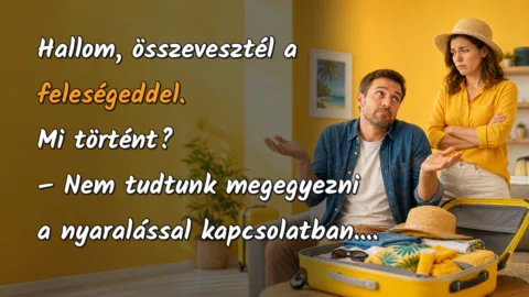 Viccek: Hallom, összevesztél a feleségeddel. Mi történt? Hallom, összevesztél a feleségeddel. Mi történt? – Nem tudtunk megegyezni a nyaralással kapcsolatban....