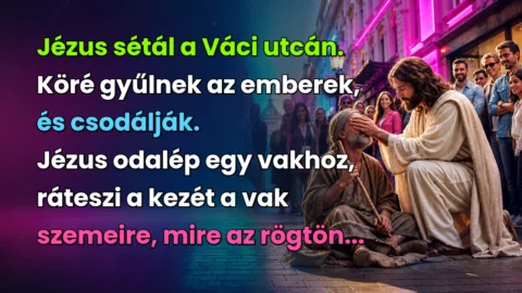 Jézus sétál a Váci utcán. Köré gyűlnek az emberek, és csodálják. Jézus odalép egy vakhoz, ráteszi a kezét a vak szemeire, mire az rögtön...