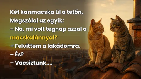 Két kanmacska ül a tetőn. Megszólal az egyik: – Na, mi volt tegnap azzal a macskalánnyal? – Felvittem a lakádomra. – És? – Vacsiztunk....