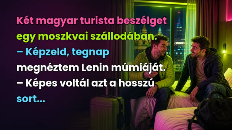 Viccek: Két magyar turista beszélget egy moszkvai szállodában... Két magyar turista beszélget egy moszkvai szállodában. – Képzeld, tegnap megnéztem Lenin múmiáját. – Képes voltál azt a hosszú sort...