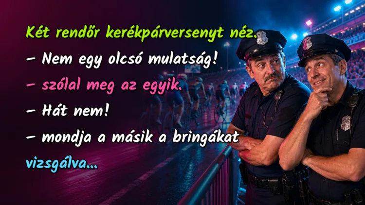 Viccek: Két rendőr kerékpárversenyt néz... Két rendőr kerékpárversenyt néz. – Nem egy olcsó mulatság! – szólal meg az egyik. – Hát nem! – mondja a másik a bringákat vizsgálva...