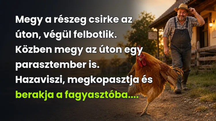 Viccek: Megy a részeg csirke az úton, végül felbotlik... Megy a részeg csirke az úton, végül felbotlik. Közben megy az úton egy parasztember is. Hazaviszi, megkopasztja és berakja a fagyasztóba....