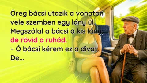 Öreg bácsi utazik a vonaton vele szemben egy lány ül. Megszólal a bácsi ó kis lány, de rövid a ruhád. – Ó bácsi kérem ez a divat. De...