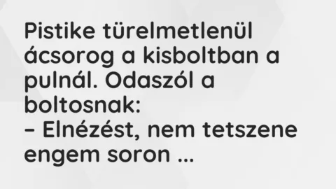 Viccek: Pistike türelmetlenül ácsorog a kisboltban a pulnál. Odaszól…