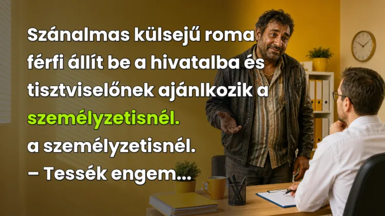Viccek: Szánalmas külsejű roma férfi állít be a hivatalba és tisztviselőnek... Szánalmas külsejű roma férfi állít be a hivatalba és tisztviselőnek ajánlkozik a személyzetisnél. a személyzetisnél. – Tessék engem...